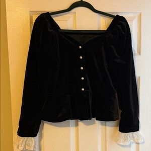 Elegant Black Velvet Top with Lace Cuffs